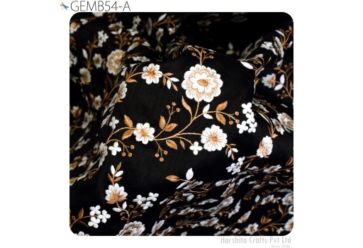 Indian Black Embroidered Fabric by the yard Sewing DIY Crafting Embroidery Wedding Dresses Fabric Costumes Cushion Covers Viscose Dupioni Fabric